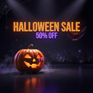 Halloween offer sale neon light background design 
