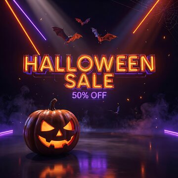 Halloween offer sale neon light background design 