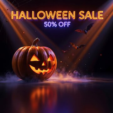 Halloween offer sale neon light background design 