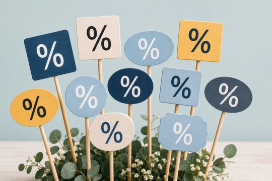 Colorful percentage signs on sticks in a decorative plant pot display