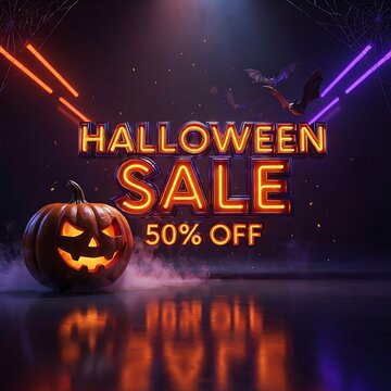 Halloween offer sale neon light background design 