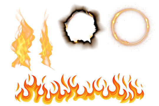 Fire flame blaze set burning paper burnt edge hole light ring border effect background vector illustration collection