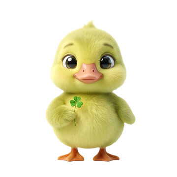 Adorable yellow duckling holding a green clover, cute baby duck character on white background, fluffy bird with lucky shamrock