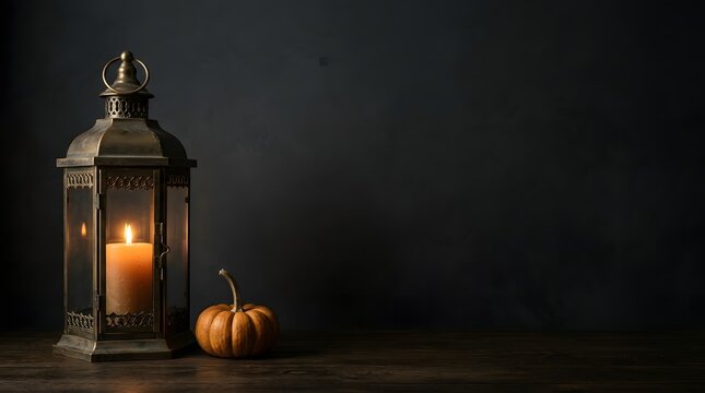 Vintage lantern with glowing candle and autumn pumpkin on a dark wooden surface