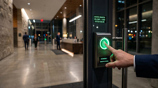 Hand Scanning Fingerprint on Biometric Access Control Security Reader at Modern Office Door
