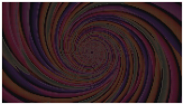 Purple and orange spiral hypnotic halftone pattern.