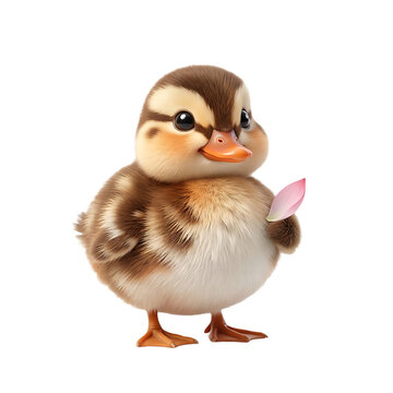 Adorable baby duckling holding a pink flower petal. Cute fluffy duckling on white background. Sweet brown and yellow waterfowl chick.