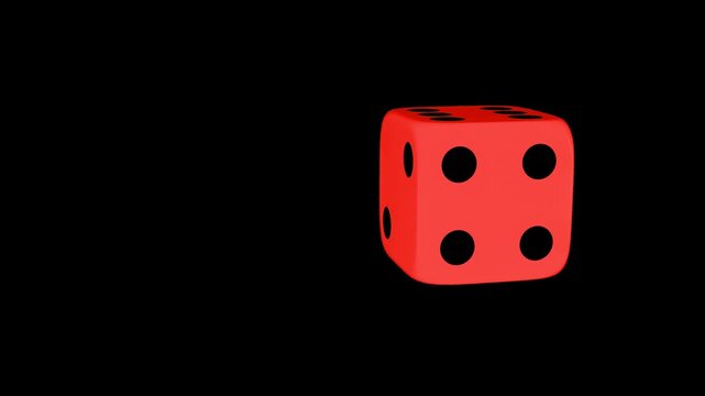 3D render loop animation video of a one dice rotation and change color of green, red, orange, are presented against a stark transparent backdrop with alpha channel