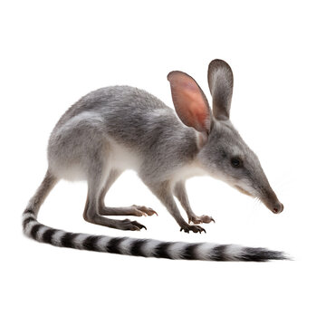 Bilby animal marsupial with striped tail standing on transparent.