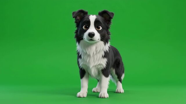 Cute black and white Border Collie dog looking at the camera against a green screen background.