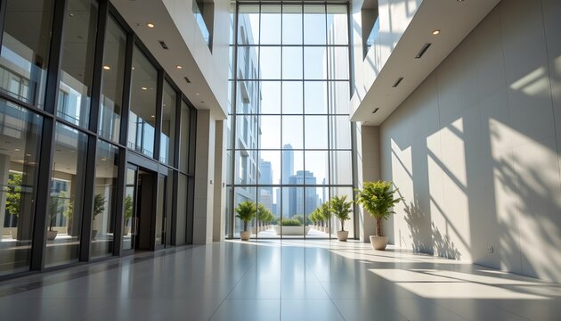 This is an interior photograph of a spacious lobby area within what appears to be a modern building with floor to ceiling windows that allow ample natural light into the space