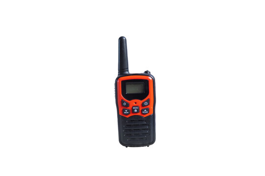 Handheld walkie talkie two way radio communication device isolated on transparent background, featuring compact design, antenna, digital display, control buttons and speaker.