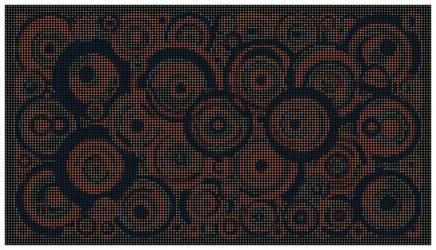 Repeating orange circular ring dot grid wallpaper.
