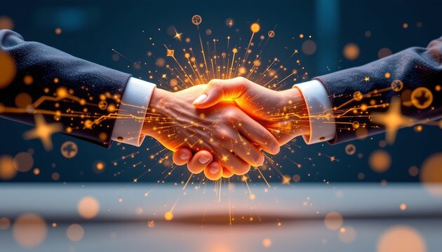 A person's hands are visible from both sides, seemingly meeting in the middle over a digital display that resembles circuit boards