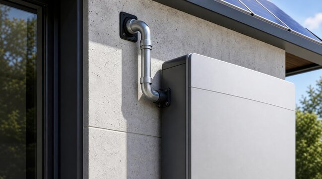Modern exterior home energy storage battery unit with ventilation pipe.