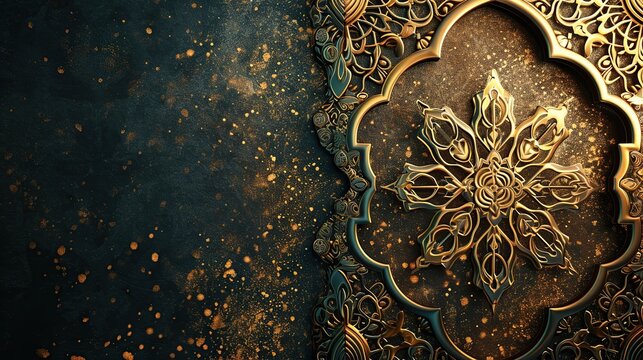 Intricately Detailed Golden Mandala Emblem on Dark Teal Velvet Background with Sparkling Particles