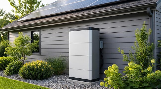 Residential home solar energy battery storage system installed outside.