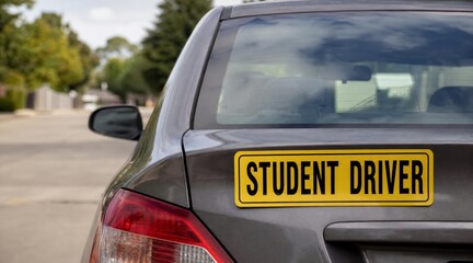 Fototapeta premium Student driver sign on the back of a grey car.