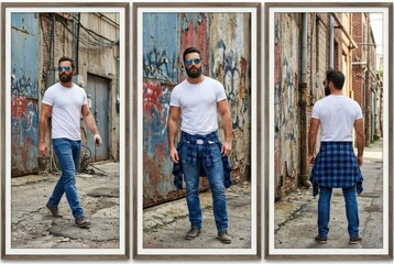 Obraz premium Stylish Bearded Man in White Tee and Denim Jeans Posing in Urban Alleyway Three-Panel View