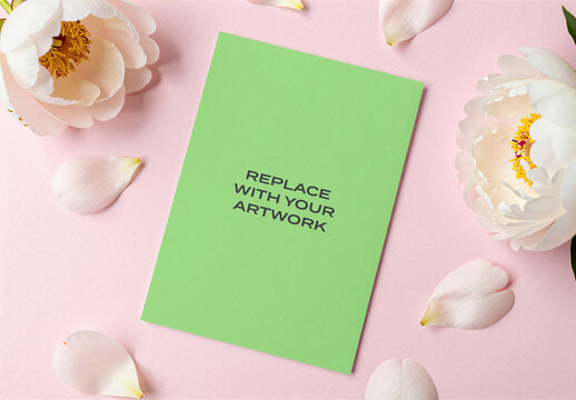 Vertical card mockup on a pink textured surface with white peony flowers and scattered petals, flat lay stationery branding presentation, print design template, artwork placeholder