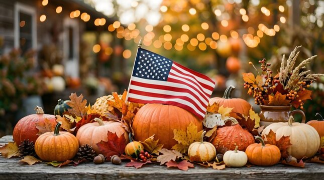 A vibrant and festive thanksgiving scene featuring pumpkins autumn leaves and an american flag embodying gratitude and togetherness during the holiday season