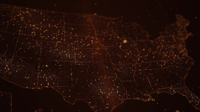 Warm orange USA map formed data points digital geographic details. location intelligence, regional analytics, broadband coverage, population research, logistics, infrastructure and business technology