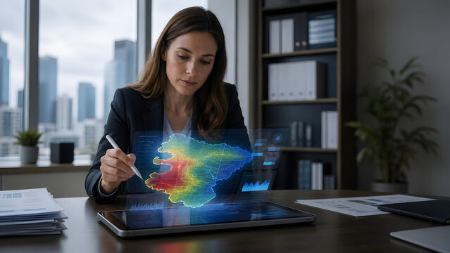 Businesswoman examining colorful holographic heatmap on tablet screen inside quiet bookshelf lined office at night