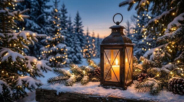 A cozy winter scene featuring a rustic lantern with a glowing candle, nestled among snowcovered pine branches and twinkling fairy lights in a serene forest at twilight
