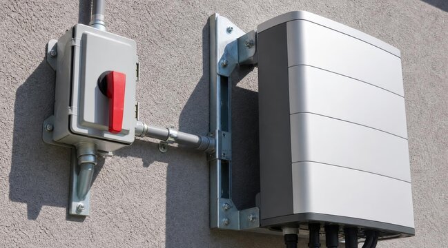 Electrical solar inverter and disconnect switch mounted on exterior wall.