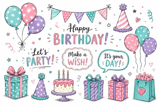 Happy Birthday party elements with balloons gifts and cake icons