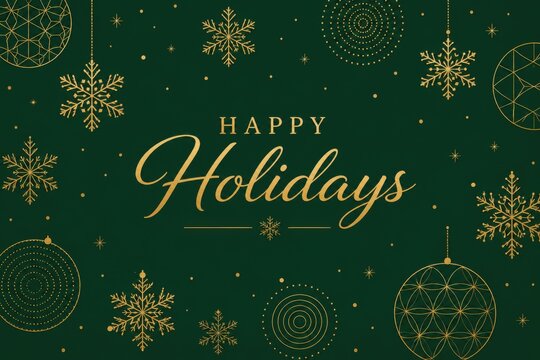 Happy Holidays greeting card with gold snowflakes on a dark green background