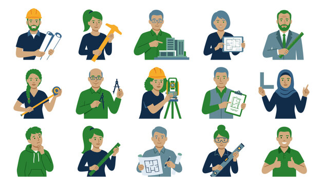 Professional architect and engineer avatar set, 15 construction worker icons, diverse building industry specialists with blueprints and tools