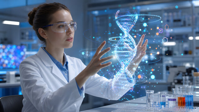 Female scientist wearing safety glasses reaching toward glowing dna helix hologram inside modern research laboratory room