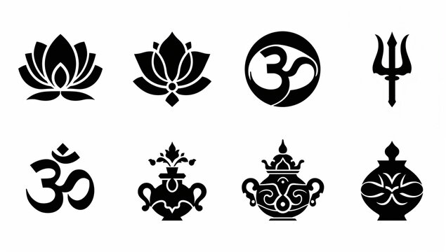 Set of traditional hindu spiritual religious symbols icons with hinduism religion trishula spiritual collection traditional meditation buddhism minimalist silhouette philosophy ornament