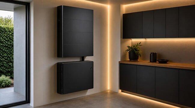 Modern black wall mounted kitchen radiator in contemporary interior.