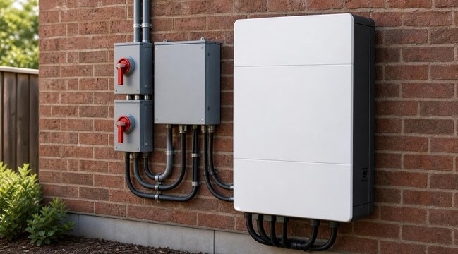 Modern Residential Home Battery Energy Storage System Mounted on Exterior Brick Wall.