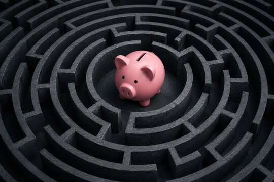 Pink piggy bank standing in the center of a dark circular maze puzzle
