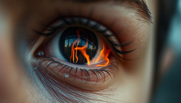 Close-up of human eye with fiery digital iris reflecting cyber threat or hacking concept