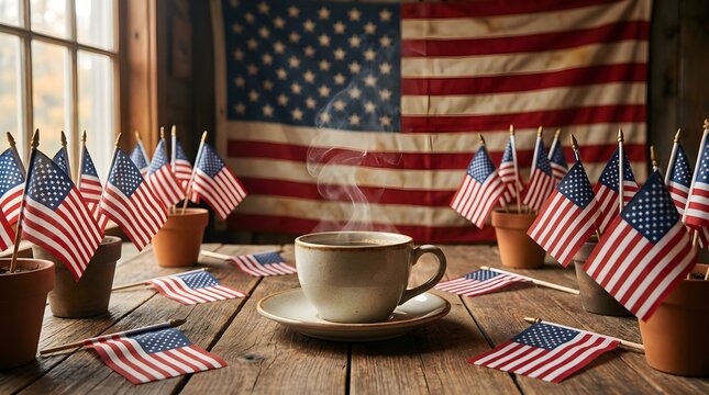 Steaming cup of coffee on a rustic wooden table surrounded by small american flags with a large us flag in the background, patriotic morning concept
