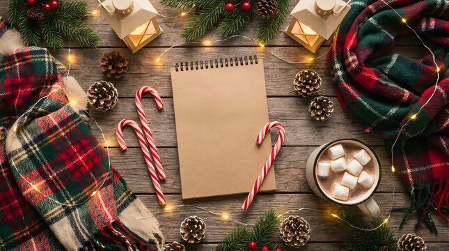 Christmas flat lay with blank notebook, candy canes, hot chocolate with marshmallows, pine cones, and plaid scarf on a rustic wooden background