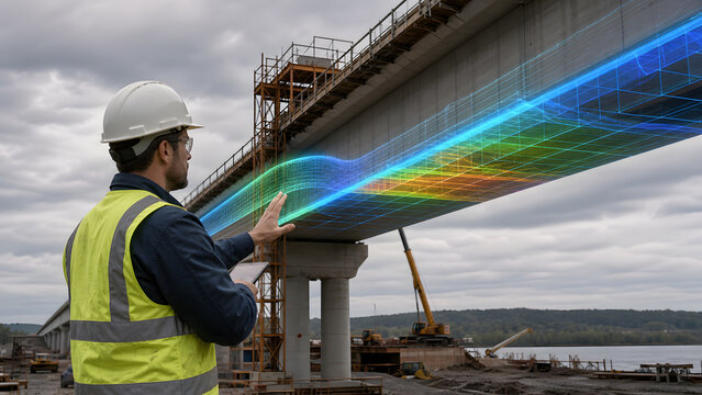 Engineer wearing hardhat thoughtfully observing glowing bridge structural analysis hologram at outdoor construction site area