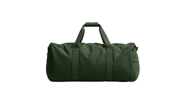 Minimalist dark green duffel bag for travel gear with displays single on transparent background