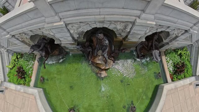Fast upward movement reveals the complete green pool outside the Library of Congress.
