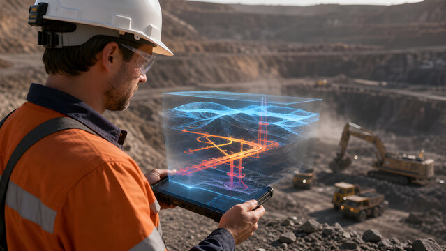 mining engineer holding tablet viewing holographic waveform data chart at large open pit mining site today