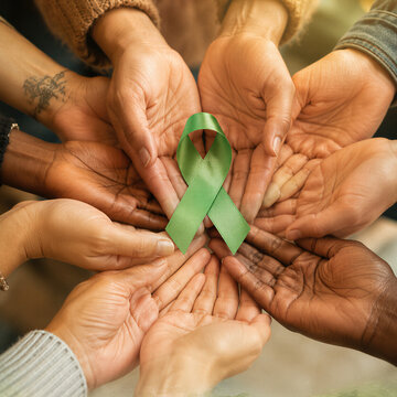 Diverse group holding a green awareness ribbon in supportive hands. Community solidarity for lymphoma awareness, cancer advocacy, healthcare education, and World Lymphoma Awareness Day.