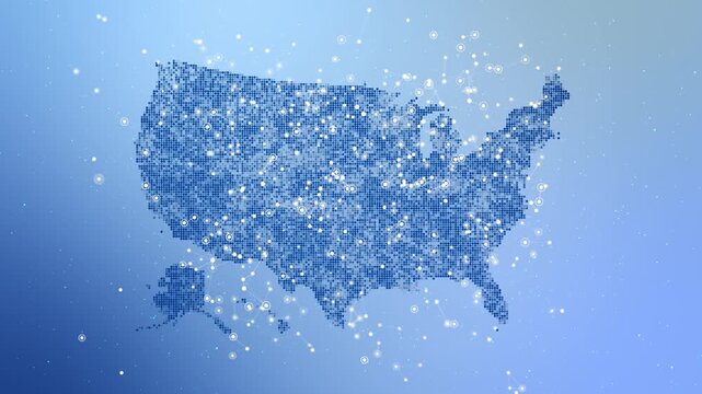 Futuristic USA network map luminous points, linked nodes and clean blue data styling. broadband coverage, geospatial research, demographics, public services, logistics digital transformation.