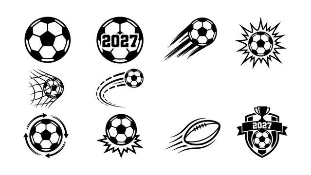 Black and white sports icons set with soccer ball and rocket