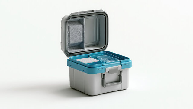 Open plastic organizer case with divided compartments with organization on transparent background