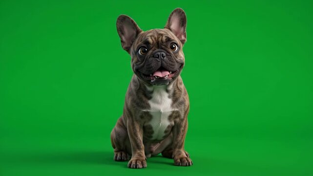 Cute French Bulldog puppy with brindle fur sitting and looking at the camera on a green screen background.