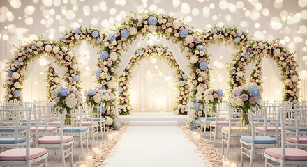 Obraz premium Elegant wedding ceremony aisle with multiple pastel floral arches, white chairs and glowing bokeh lights